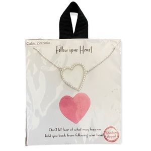 NWT Cubic Zirconia Rhodium Dipped Heart Shape Attached Pendant w/Chain!